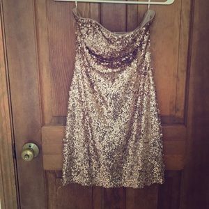 strapless gold sequin mini dress